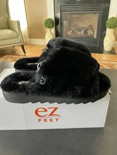 NIB EZ FEET Black Genuine Shearling Womens Sz 10  Wide Crossband Slide SLIPPERS