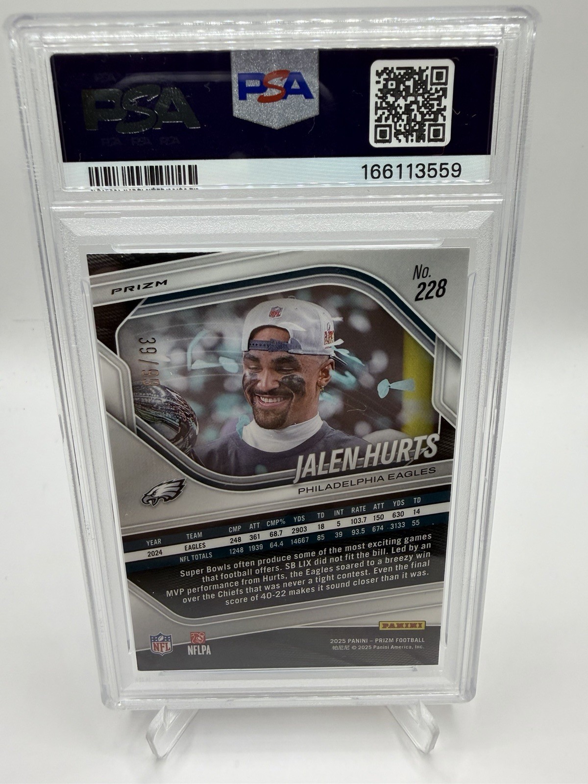 2025 Panini Prizm Jalen Hurts Blue Ice Prizm /99 #228 PSA 8 Eagles view 2