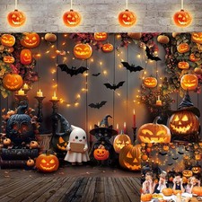 Halloween Pumpkin Backdrop Cute Ghost Black Cat Pumpkins Bats 7x5FT, Orange