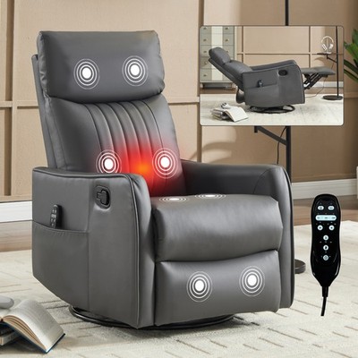 Grey Faux Leather Recliner Chair Swivel Rocker Heat Massage Living Room Sofa