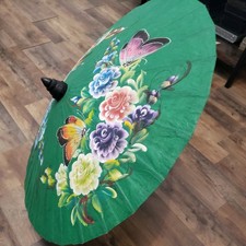 Vintage Oriental Hand Painted Wooden Umbrella Parasol