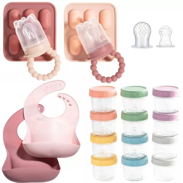 Baby Feeding Set, Silicone Baby Fruit Feeders, Baby Bibs & 12-Piece Containers