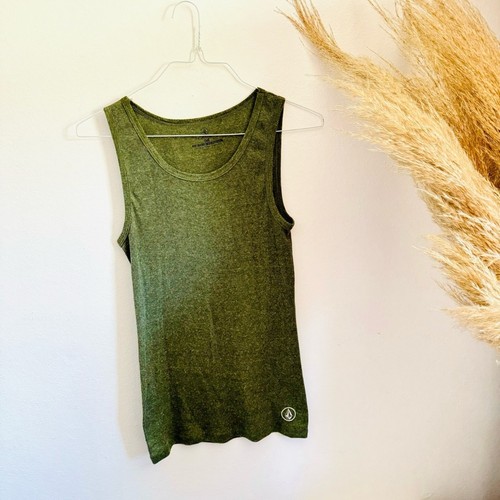 MENS VOLCOM Olive Green Ribbed Stripe Crew Neck Sleeveless Tank Top Tee Shirt M - Picture 2 of 8