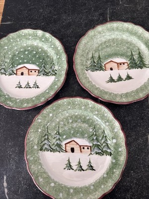 3 Macys  the Cellar 1995 Made in Itay LOG CABIN 10-1/4 Green Dinner Plates