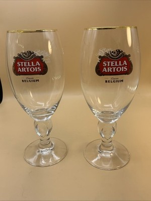 2 Stella Artois Belgian Beer Glasses Gold Rim  40cl , 8   Over 600 Years Brewing