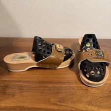 Vintage Dr Scholls Wooden Sandals Size 7 RARE Cloth Label Brown Made Italy NICE 