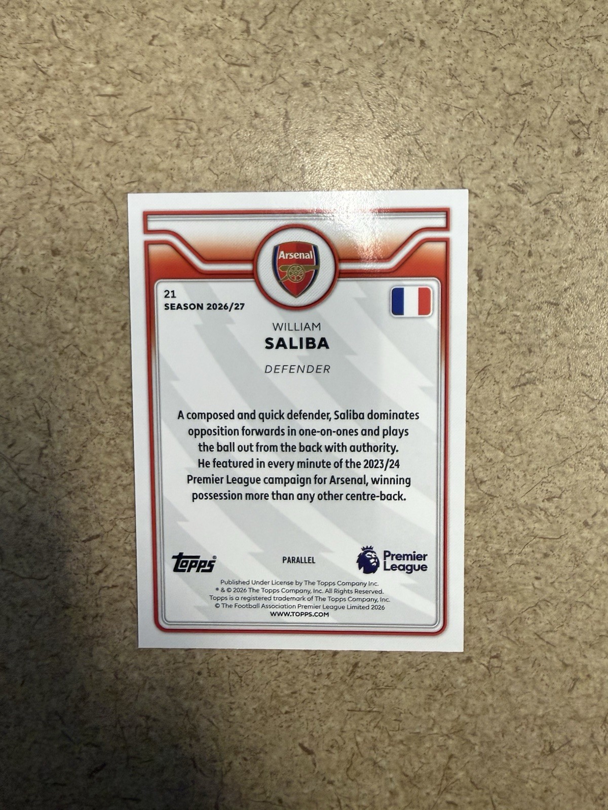 Topps Flagship PL 2026/27 William Saliba Arsenal #21 Parallel /75 Noir view 2