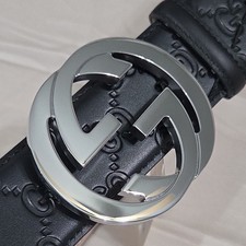 Authentic Gucci Black Leather Monogram Belt  Silver GG Fits 34-36 - IT 100CM