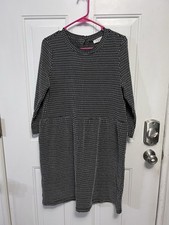 LOFT Textured Button Back Swing Dress Black White Dotted Stripe Long Sleeve L
