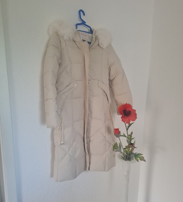 Xinhongtaao Damen Steppmantel L Beige Lang mit Kapuze Kunstfellbesatz