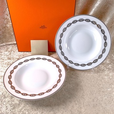 Hermes Suppenteller Chaine d'Ancre Platin Porzellan Geschirr 22 cm 2er Set mit Box