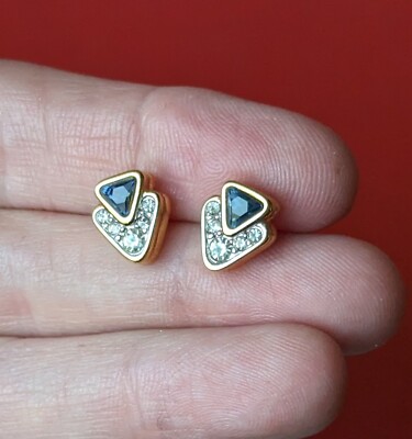 Elegant Triangle Faux Blue Sapphire Rhinestone Gold Tone Stud Pierced Earrings