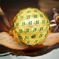 Gold Metal Single 100 Sided Polyhedral Dice (D100) | w/ Green Color (45mm) 