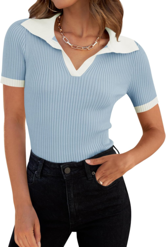 Women'S Short Sleeve V Neck T Shirts 2025 Summer Ribbed Knit Slim Fitted Basic S