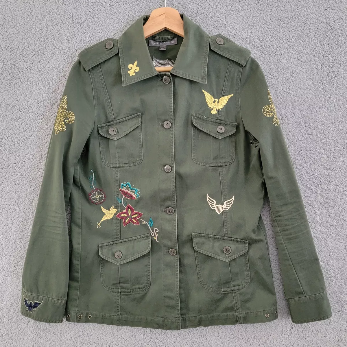 True Meaning Jacket Women's Small Military Army Blazer Green Embroidered  Coat