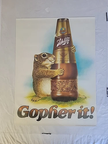 SP25•Vintage 1980 Schlitz Beer Gopher It Poster Jos Schlitz Brewing Co 24 x 18