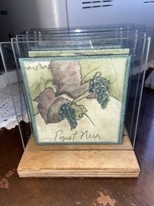 The Gallery Collection Tempered Art Glass Coasters With Wooden Stand  4" x 4"