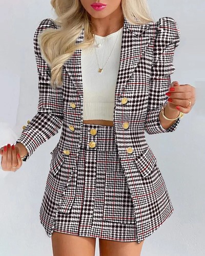Women's Elegant Plaid Print Blazers Skirt Two Piece Set Spring Summer Fashion - Picture 6 of 24