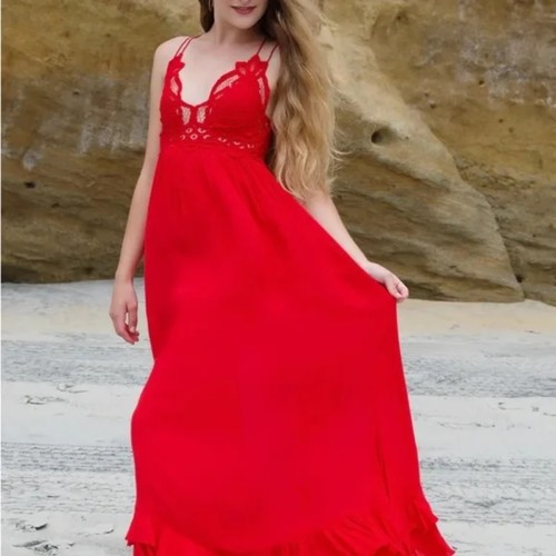 Free People Adella Slip Crochet Lace Maxi Dress Smocked XS Bright Red $128 Boho - Picture 2 of 6