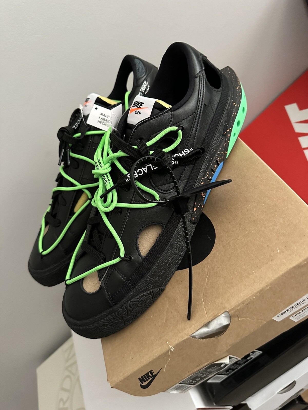 OFF WHITE X NIKE Nike Off bianche x blazer nere basse verde elettrico taglia 13 DH7863 001 DS