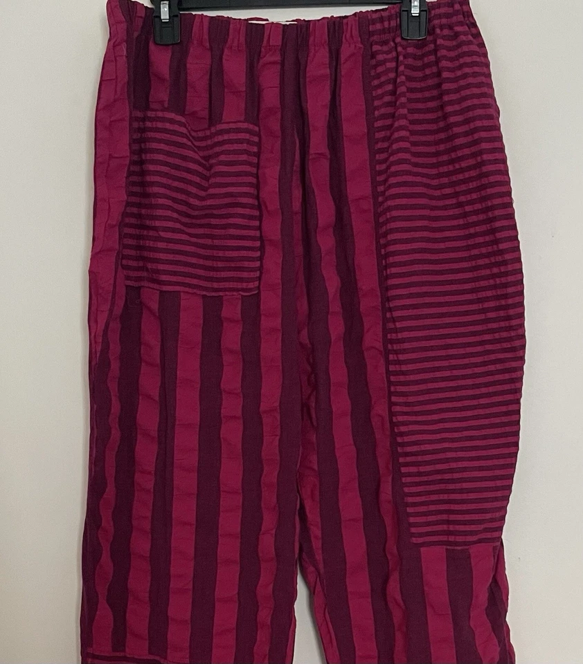 Pantalones Bodil Rojo Frambuesa Grosellas Algodón Seersucker Pierna Ancha Lagenlook - Talla L Foto 3 de 4