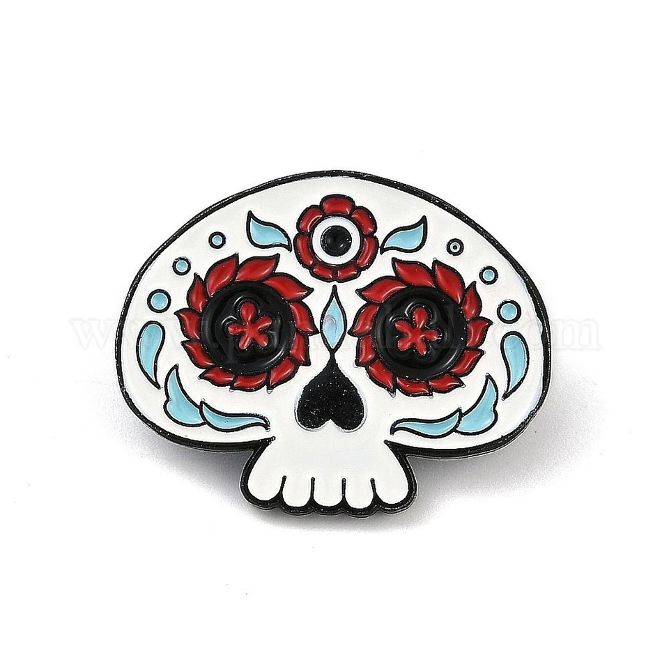 ⭐Pin Esmalte Calavera Calavera Broche Día de Muertos Tema Flores Rojas y Blancas Foto 4 de 4