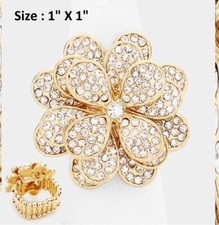 Flower Statement Oversized Cocktail Ring Crystal Rhinestone Stretch Gold Clear