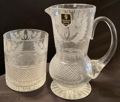 Edinburgh Crystal Clear Textured Thistle Double Old Fashioned Glass & Pitcher