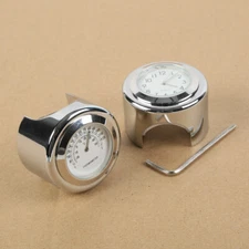 7/8'' 1'' Motorcycle Handlebar Mount White Dial Clock & Thermometer Temp