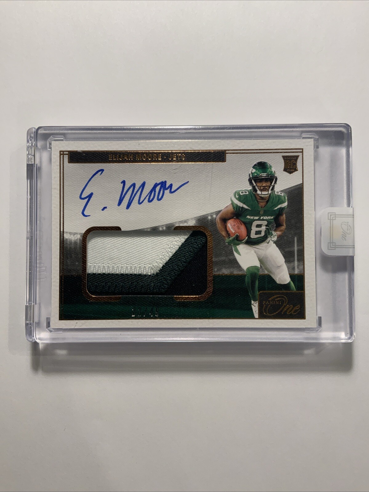 2021 Panini One Elijah Moore 16 RPA Patch Auto 22/49.  Encased.  New York Jets