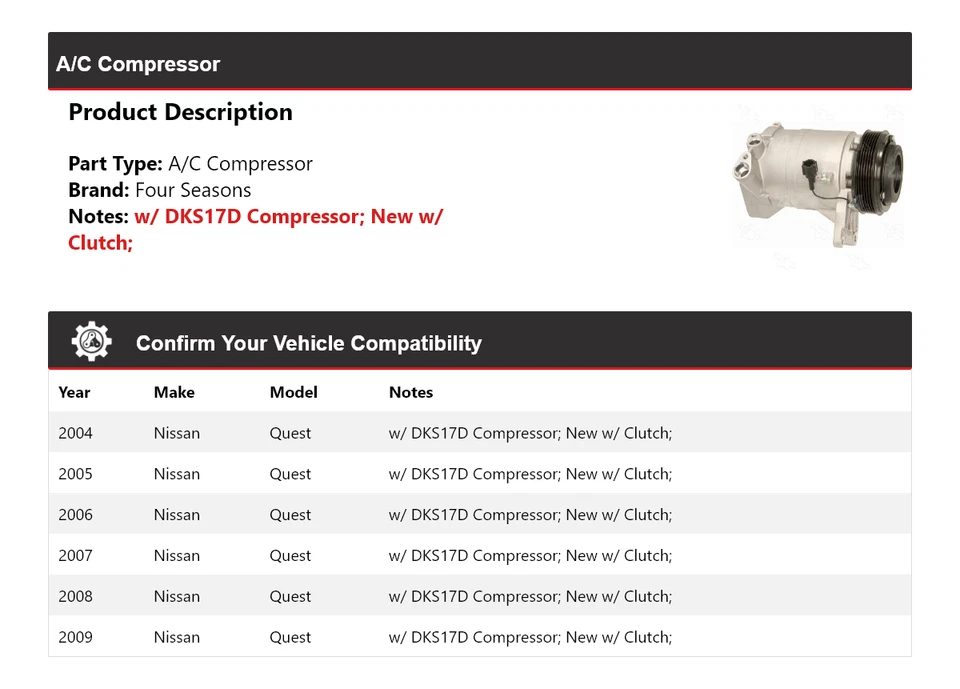 Compresor de aire acondicionado Nissan Quest 2004-2009 4 estaciones 2005 2006 2007 2008 Foto 2 de 4