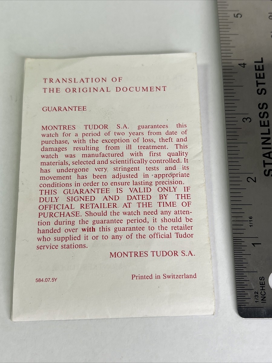 Garantie / Traduction Pour Montres Tudor - Document Original Pour Montre Tudor, Référence 584.07.5Y
