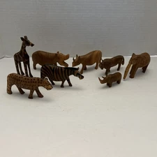 8 African Hand Carved & Painted Animal Sculptures Wood  Folk Art Figurines
