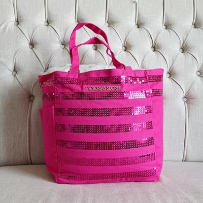 VICTORIA'S SECRET HOT PINK STRIPE SEQUIN WEEKENDER LIMITED TOTE NWT
