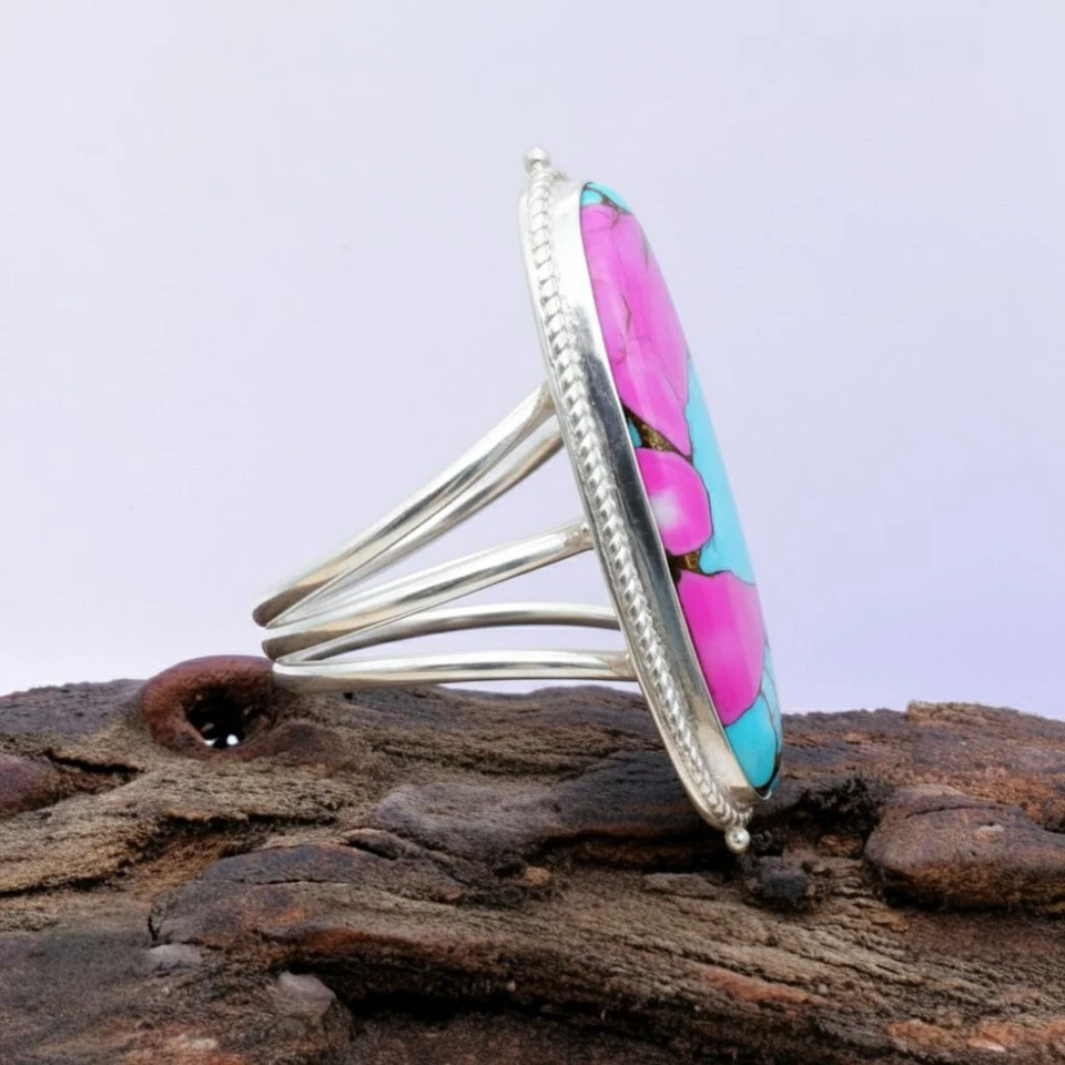 Anillo Turquesa Algodón Caramelo Plata de Ley 925 Ovalado Cabujón Distintivo Joyería Foto 2 de 4