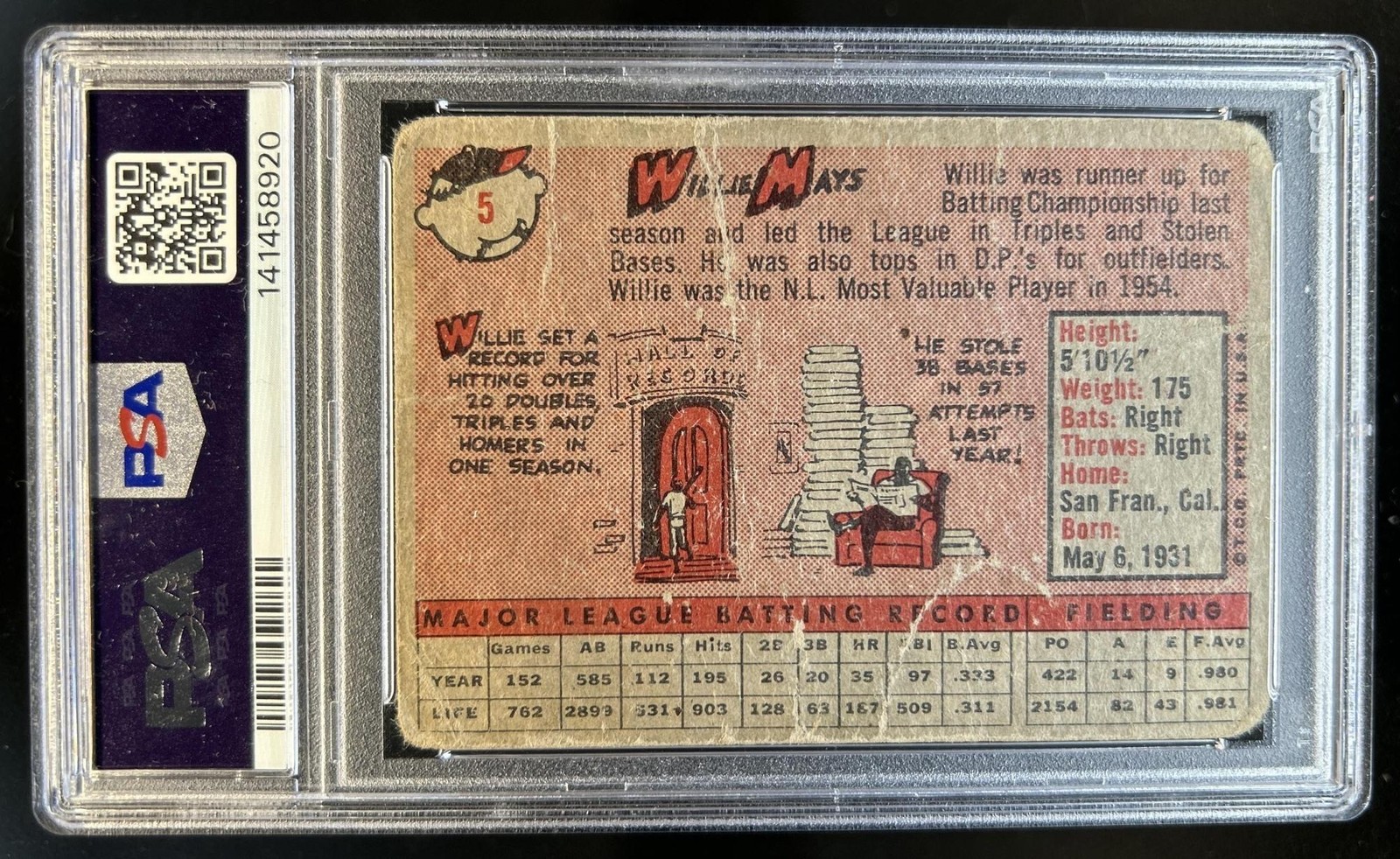 1958 Topps Willie Mays #5 Giants PSA 1 view 2