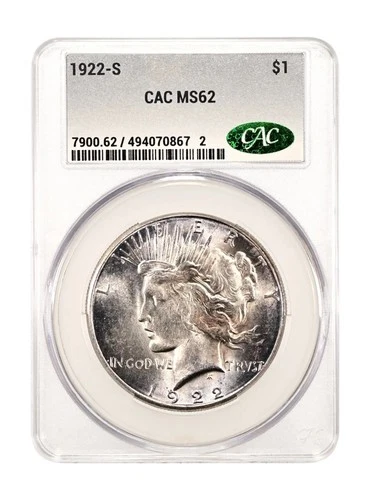 1922-S $1 MS62 CACG Peace Silver Dollar - CAC Grading