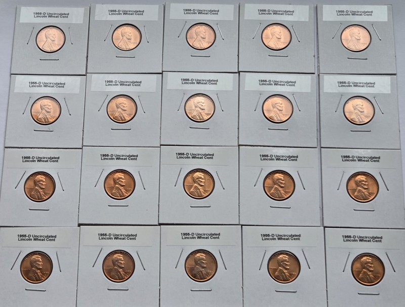 Lot of 20 1955 D Lincoln Wheat Cents UNCIRCULATED