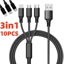 10Pcs 3in1 Multi USB Charging Cable Braided for iPhone/Type-C/Micro-USB 4FT LOT