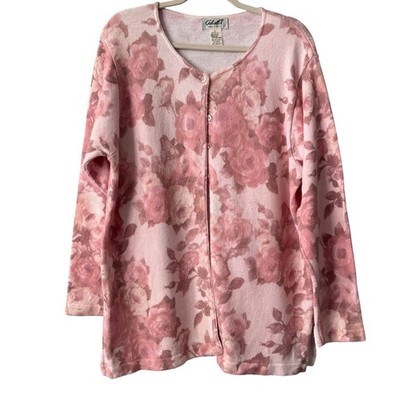 Gabrielle T Italy Pink Rose Floral Knit Cardigan Sweater Large Cottagecore