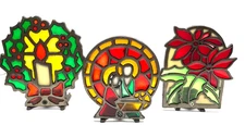 3 Christmas Stained Glass Cast Iron Candle Holders Nativity, Poinsettia, Wreath
