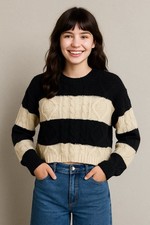 Zara Girls 13-14Y Black Cream Stripe Cable Knit Cropped Distressed Hem Sweater