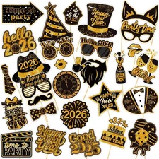 30 Pcs New Year’s Photo Booth Props and Backdrop - Champagne Bottle, Black 