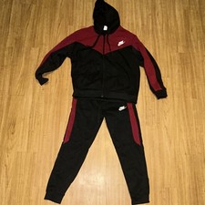 Nike Men's Black Red Hooded Tracksuit Set Jacket Pants L Pockets Zip