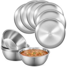 304 Stainless Steel Plates Bowls Set 9 Inch Metal Camping Dinnerware 12 PCS