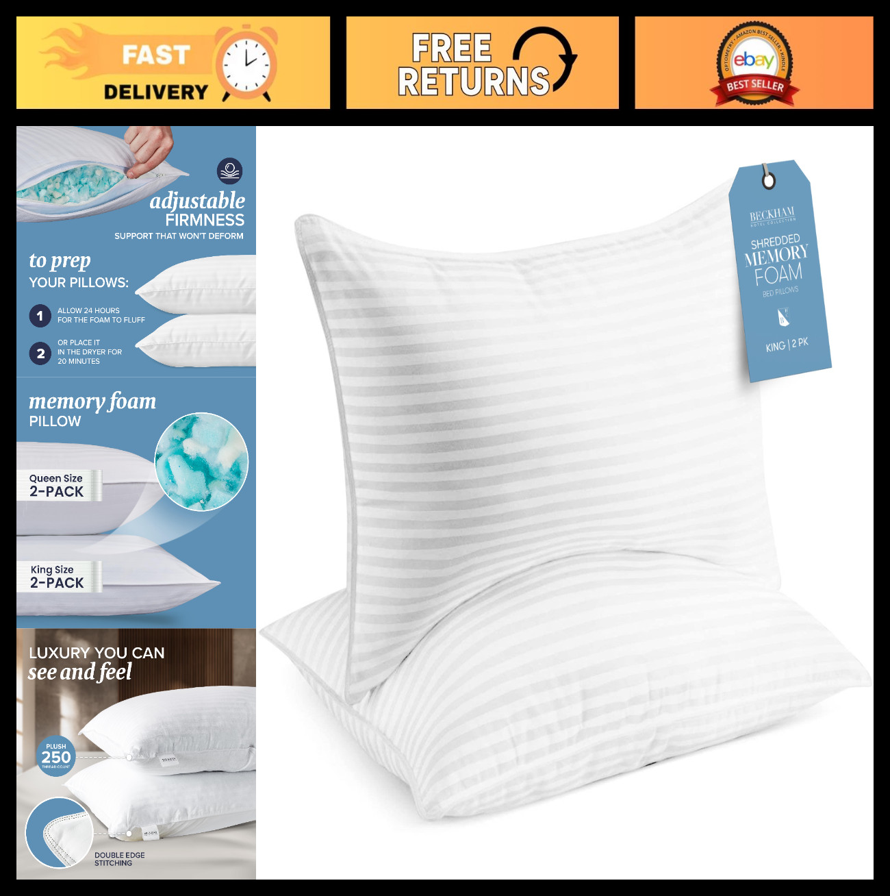 King Size Memory Foam Pillows Set of 2 - Adjustable Cooling Shredded Foam for Al
