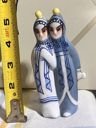 2 Vintage Japanese Dolls Hand Painted Figurine Pair Blue White Porcelain Kabuki