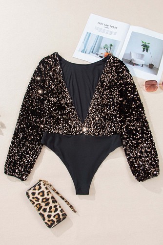 Black Deep V Back Sequin Puff Sleeve Bodysuit - Picture 5 of 8