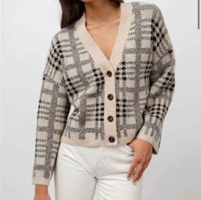 Rails Cardigan Sweater Women's Plaid Ivory Black Size XL Wool Winter Preppy  - Main Image