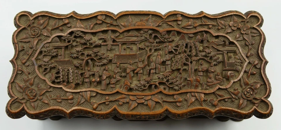 Caja de sándalo tallada a mano cantón de exportación china del siglo XIX cubierta con bisagras RARA Foto 3 de 4